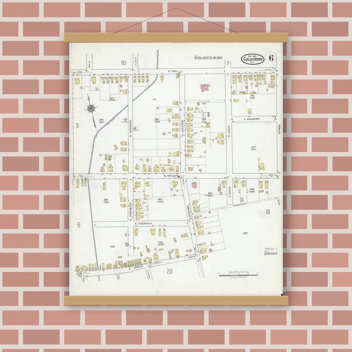 Old map wall art mockup — magnetic wood frame on brick wall — Sanborn Fire Insurance Map from Goldsboro, Wayne County, North Carolina (1918), Sheet #0006