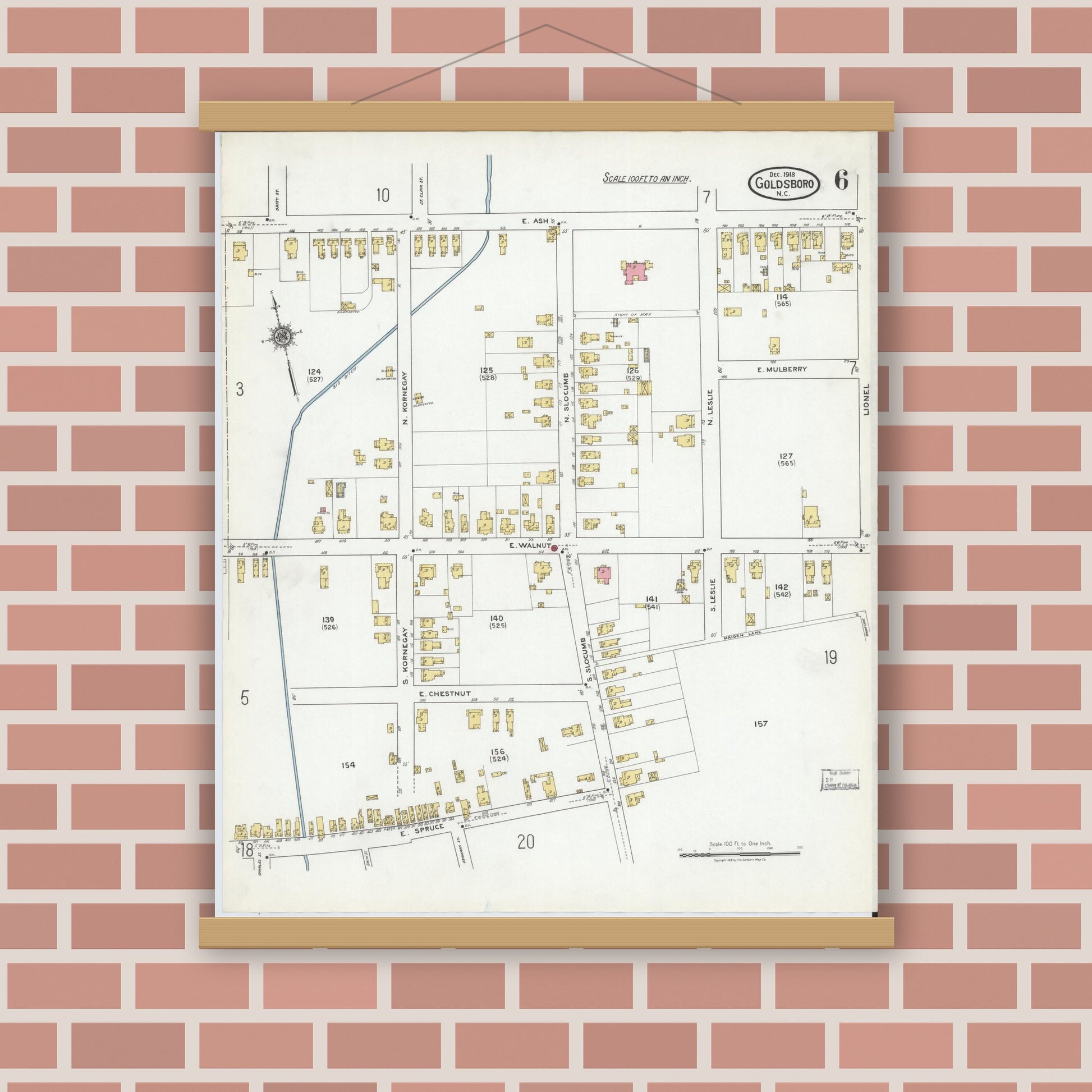 Old map wall art mockup — magnetic wood frame on brick wall — Sanborn Fire Insurance Map from Goldsboro, Wayne County, North Carolina (1918), Sheet #0006