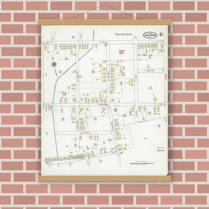 Old map wall art mockup — magnetic wood frame on brick wall — Sanborn Fire Insurance Map from Goldsboro, Wayne County, North Carolina (1918), Sheet #0006