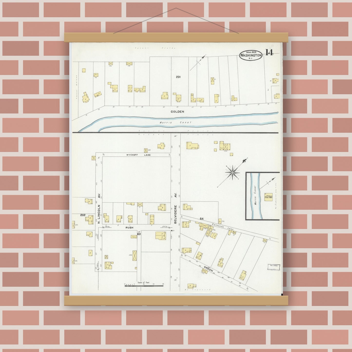 Old map wall art mockup — magnetic wood frame on brick wall — Sanborn Fire Insurance Map from Washington, Warren County, New Jersey (1909), Sheet #0014