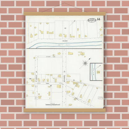 Old map wall art mockup — magnetic wood frame on brick wall — Sanborn Fire Insurance Map from Washington, Warren County, New Jersey (1909), Sheet #0014