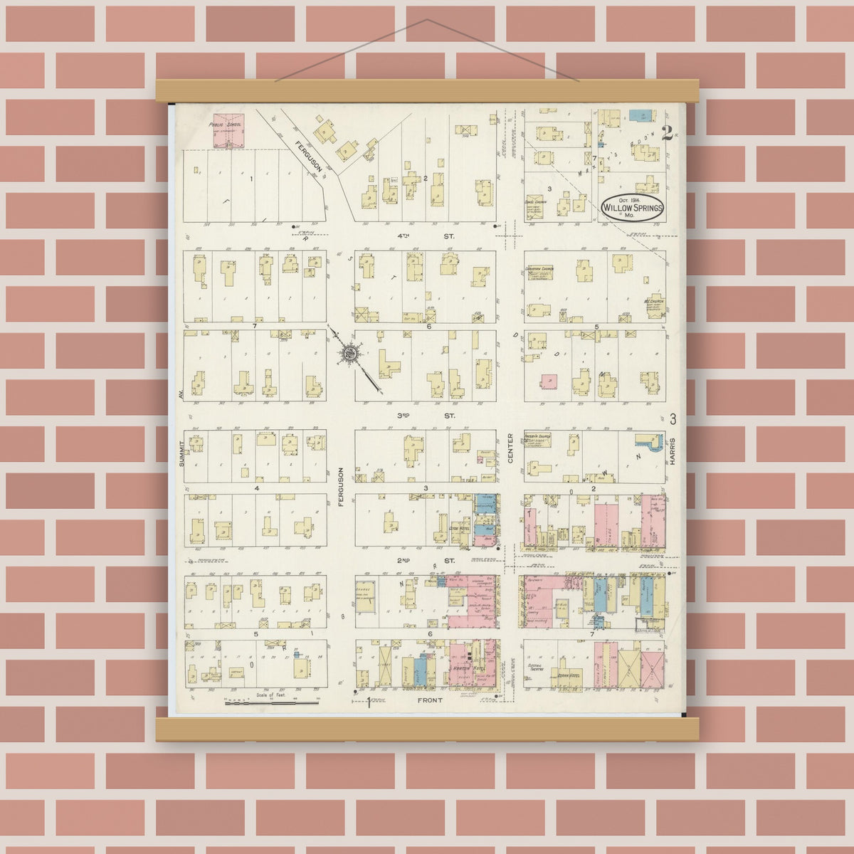 Old map wall art mockup — magnetic wood frame on brick wall — Sanborn Fire Insurance Map from Willow Springs, Howell County, Missouri (1914), Sheet #0002