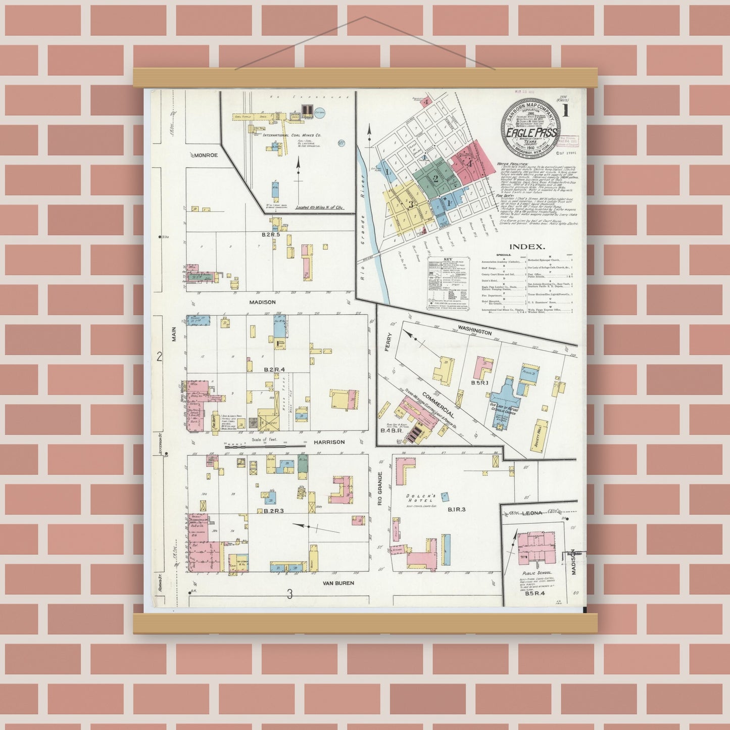 Old map wall art mockup — magnetic wood frame on brick wall — Sanborn Fire Insurance Map from Eagle Pass, Maverick County, Texas (1910), Sheet #0001
