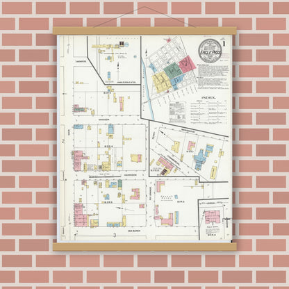 Old map wall art mockup — magnetic wood frame on brick wall — Sanborn Fire Insurance Map from Eagle Pass, Maverick County, Texas (1910), Sheet #0001
