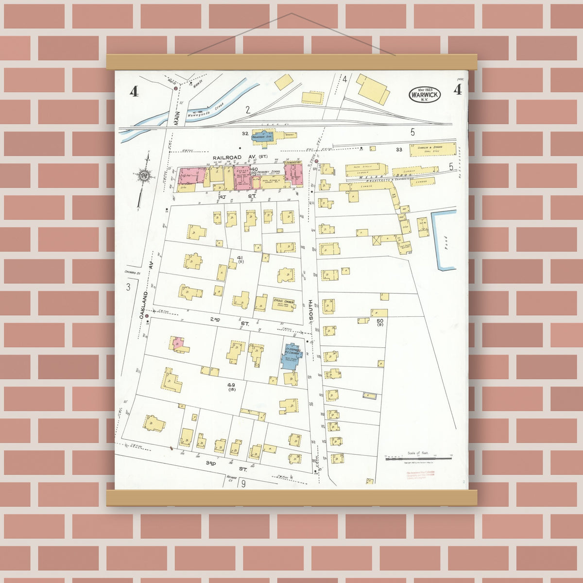 Old map wall art mockup — magnetic wood frame on brick wall — Sanborn Fire Insurance Map from Warwick, Orange County, New York (1923), Sheet #0004