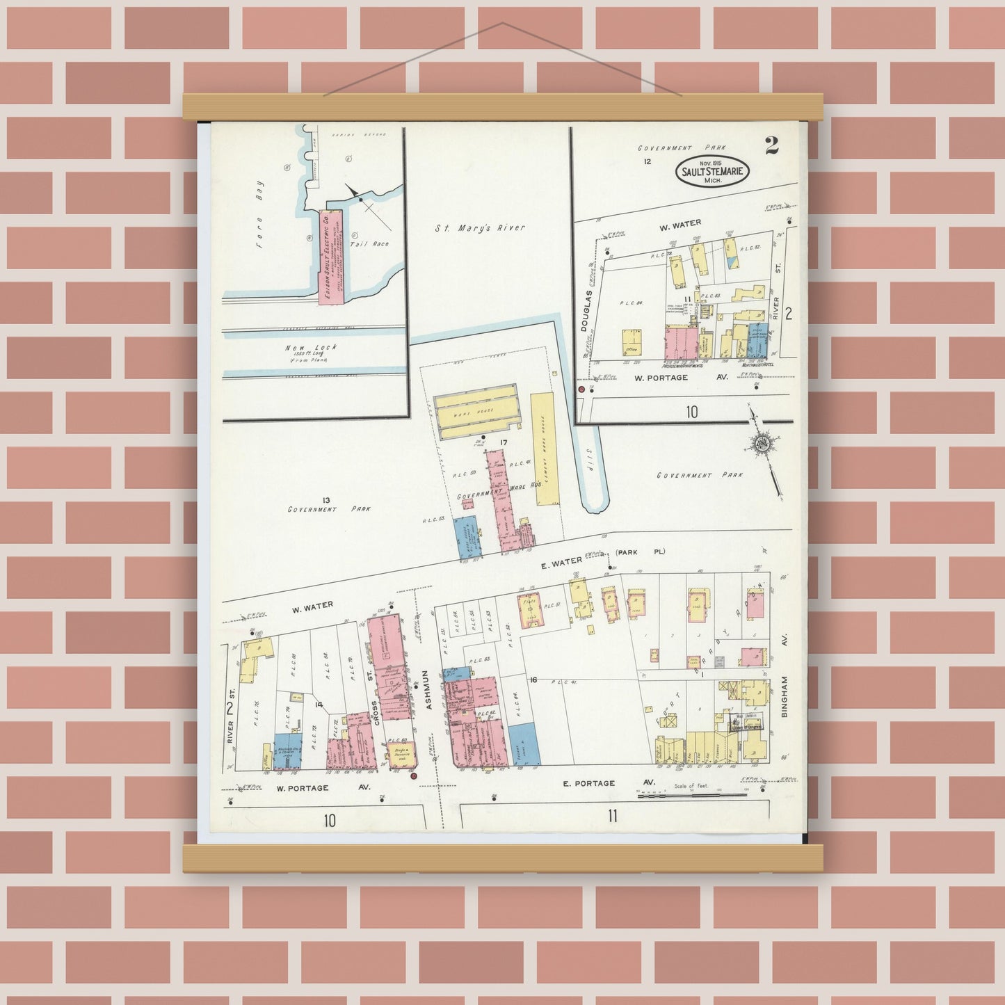 Old map wall art mockup — magnetic wood frame on brick wall — Sanborn Fire Insurance Map from Sault Sainte Marie, Chippewa County, Michigan (1915), Sheet #0002