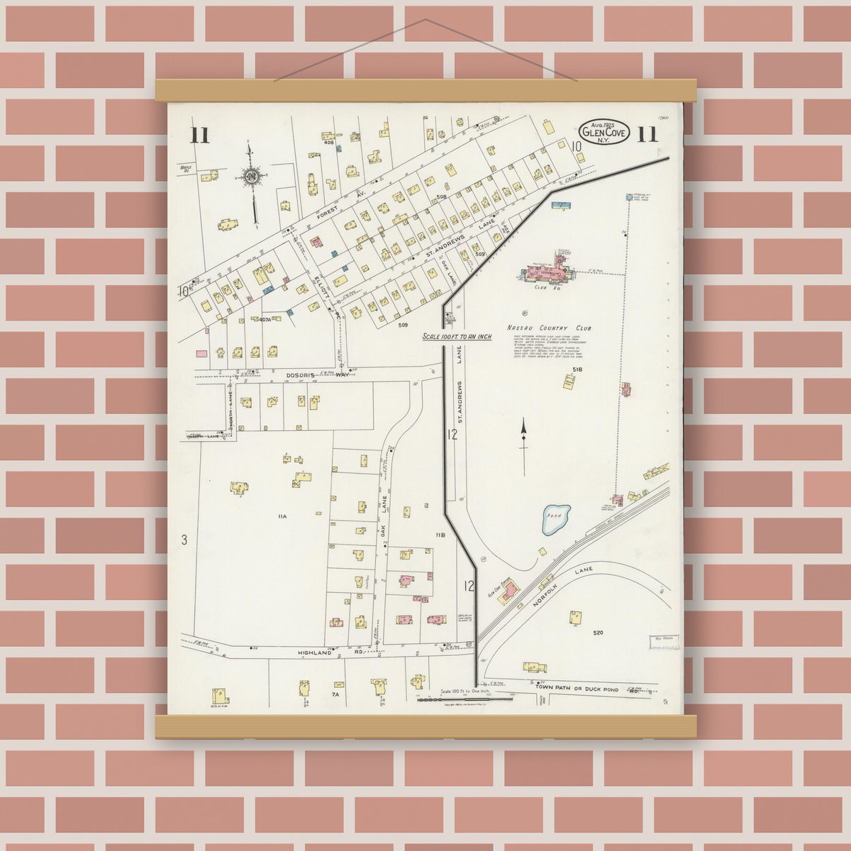 Old map wall art mockup — magnetic wood frame on brick wall — Sanborn Fire Insurance Map from Glen Cove, Nassau County, New York (1925), Sheet #0011