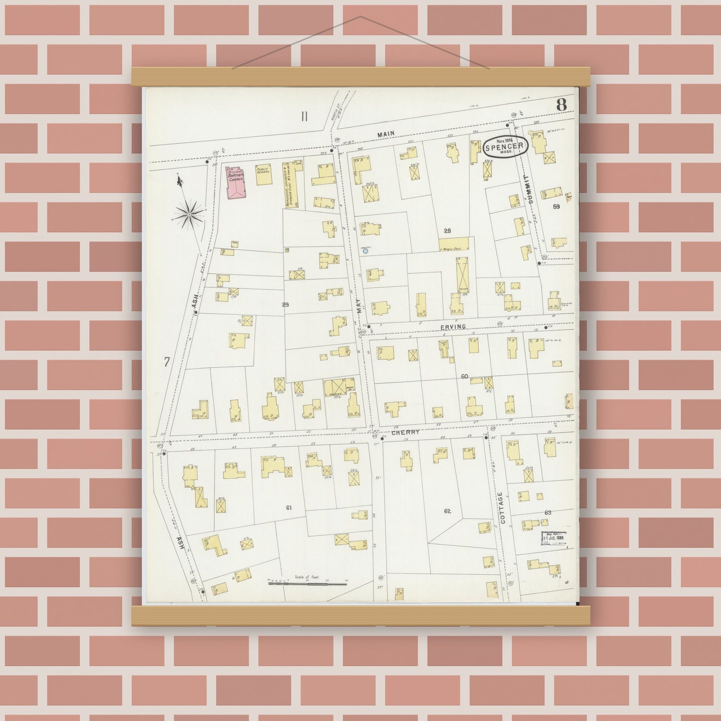 Old map wall art mockup — magnetic wood frame on brick wall — Sanborn Fire Insurance Map from Spencer, Worcester County, Massachusetts (1896), Sheet #0008