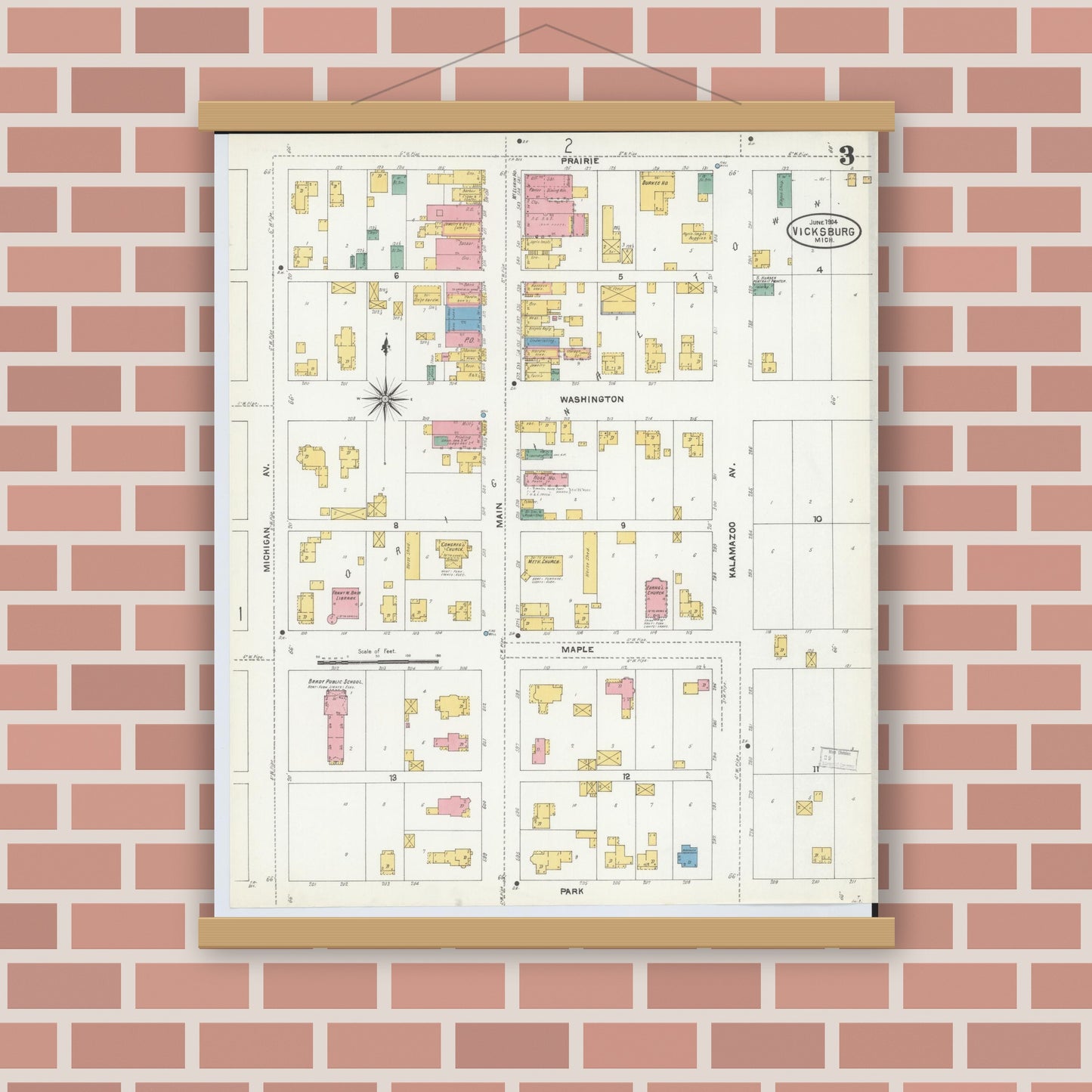 Old map wall art mockup — magnetic wood frame on brick wall — Sanborn Fire Insurance Map from Vicksburg, Kalamazoo County, Michigan (1904), Sheet #0003
