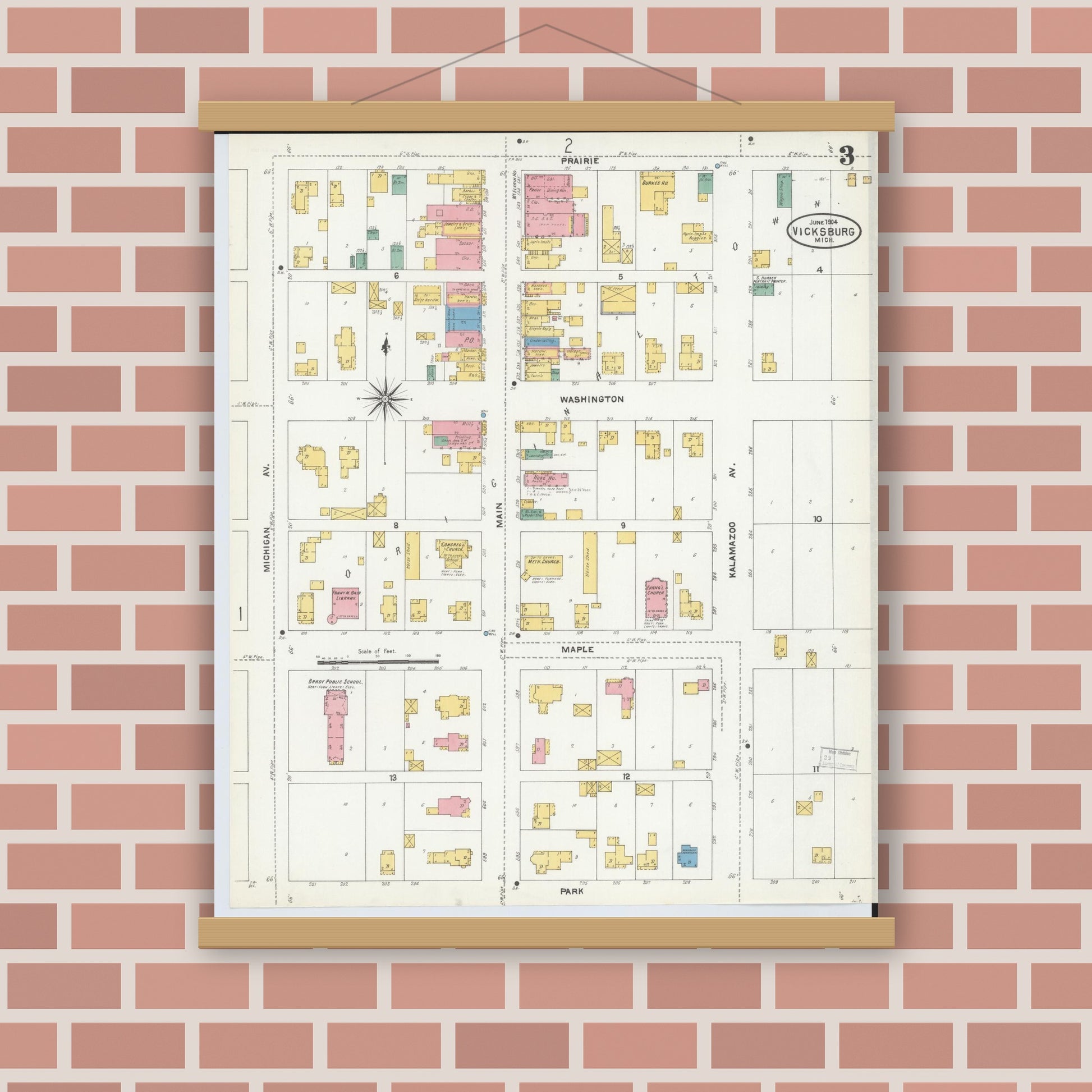 Old map wall art mockup — magnetic wood frame on brick wall — Sanborn Fire Insurance Map from Vicksburg, Kalamazoo County, Michigan (1904), Sheet #0003