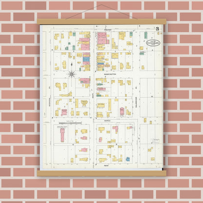 Old map wall art mockup — magnetic wood frame on brick wall — Sanborn Fire Insurance Map from Vicksburg, Kalamazoo County, Michigan (1904), Sheet #0003