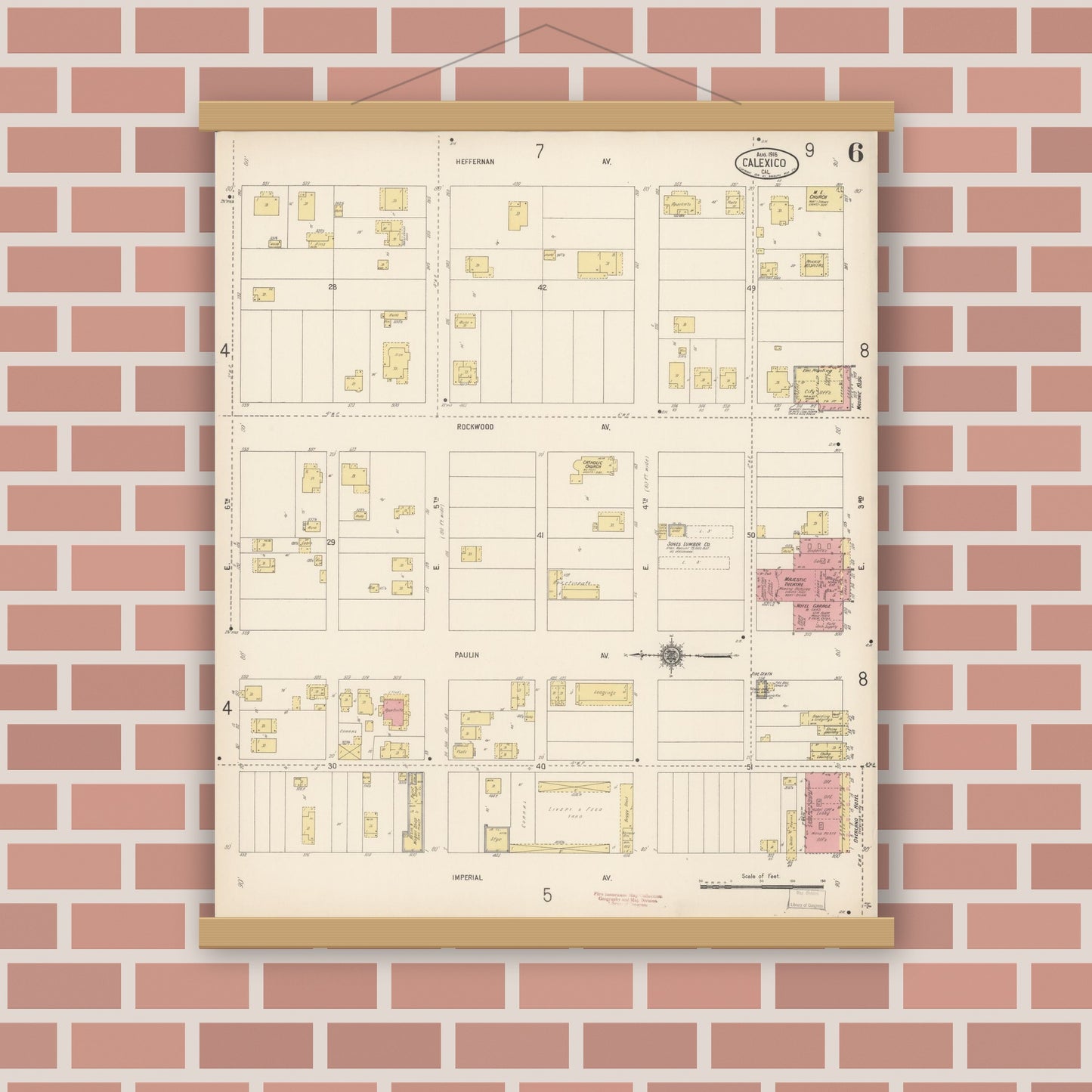 Old map wall art mockup — magnetic wood frame on brick wall — Sanborn Fire Insurance Map from Calexico, Imperial County, California (1916), Sheet #0006