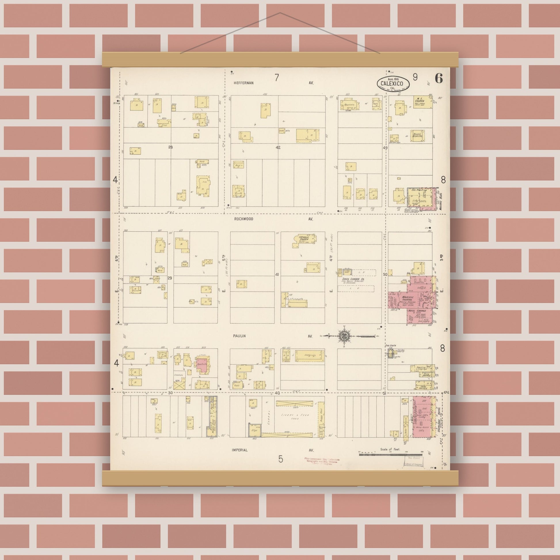 Old map wall art mockup — magnetic wood frame on brick wall — Sanborn Fire Insurance Map from Calexico, Imperial County, California (1916), Sheet #0006