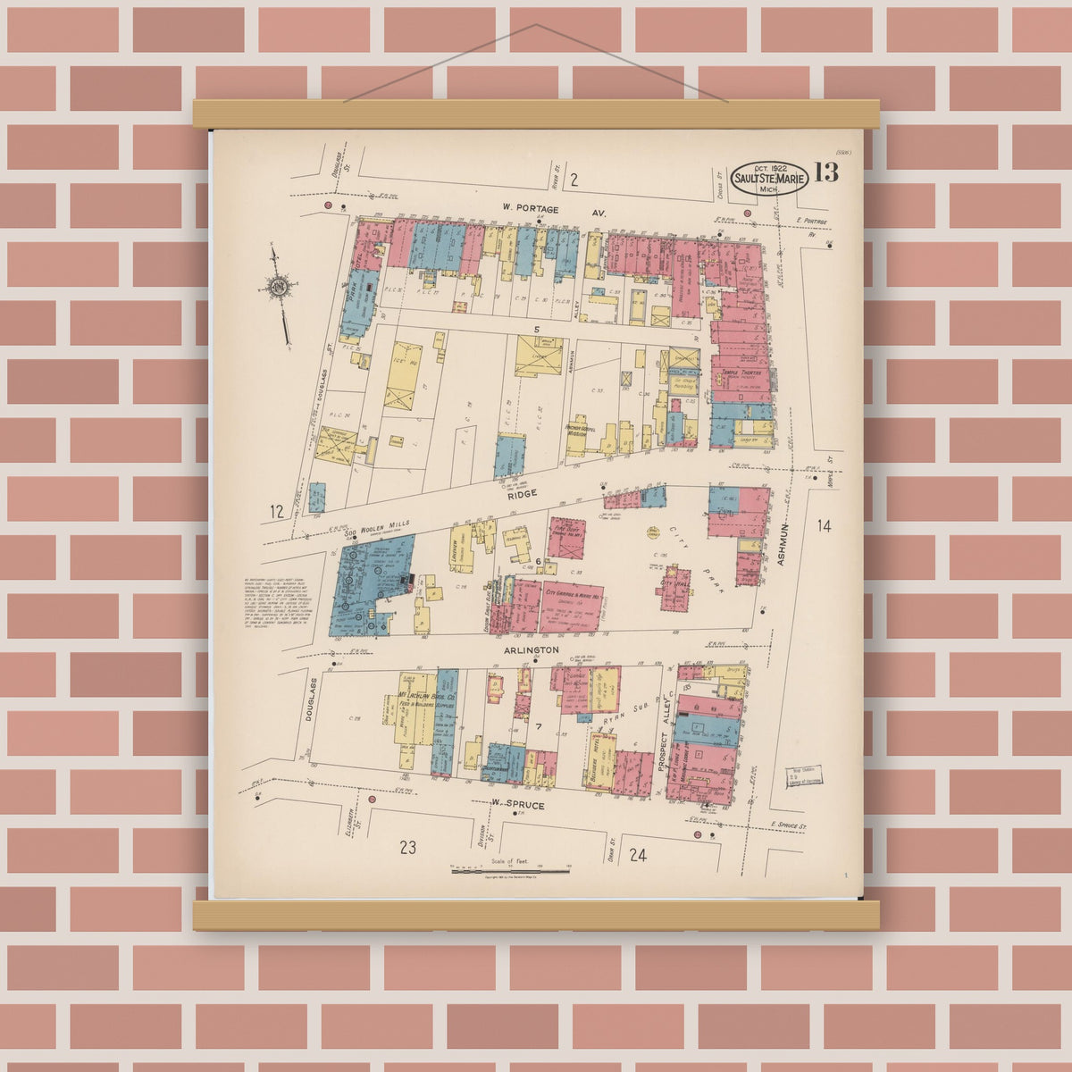 Old map wall art mockup — magnetic wood frame on brick wall — Sanborn Fire Insurance Map from Sault Sainte Marie, Chippewa County, Michigan (1922), Sheet #0013