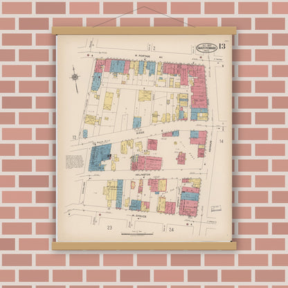 Old map wall art mockup — magnetic wood frame on brick wall — Sanborn Fire Insurance Map from Sault Sainte Marie, Chippewa County, Michigan (1922), Sheet #0013