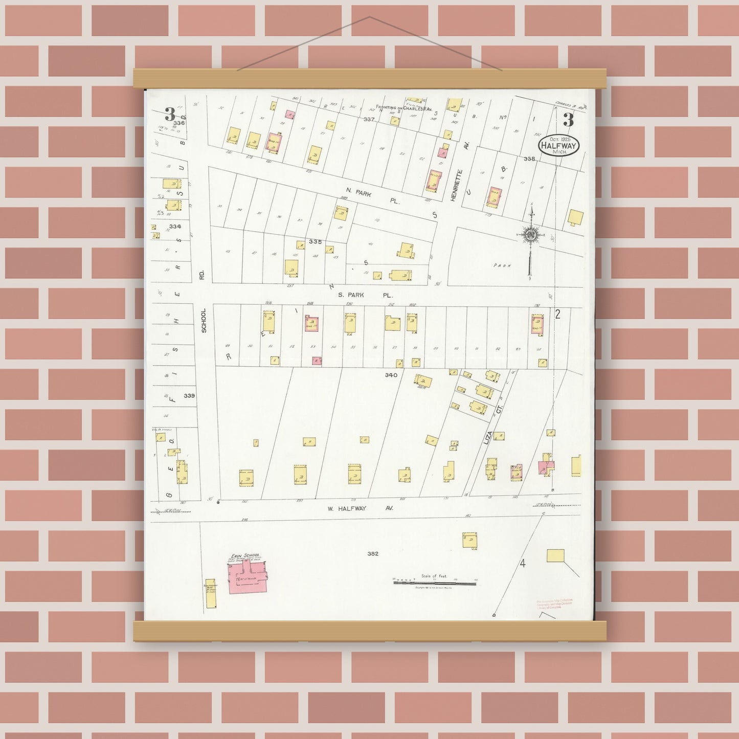 Old map wall art mockup — magnetic wood frame on brick wall — Sanborn Fire Insurance Map from Halfway, Macomb County, Michigan (1925), Sheet #0003
