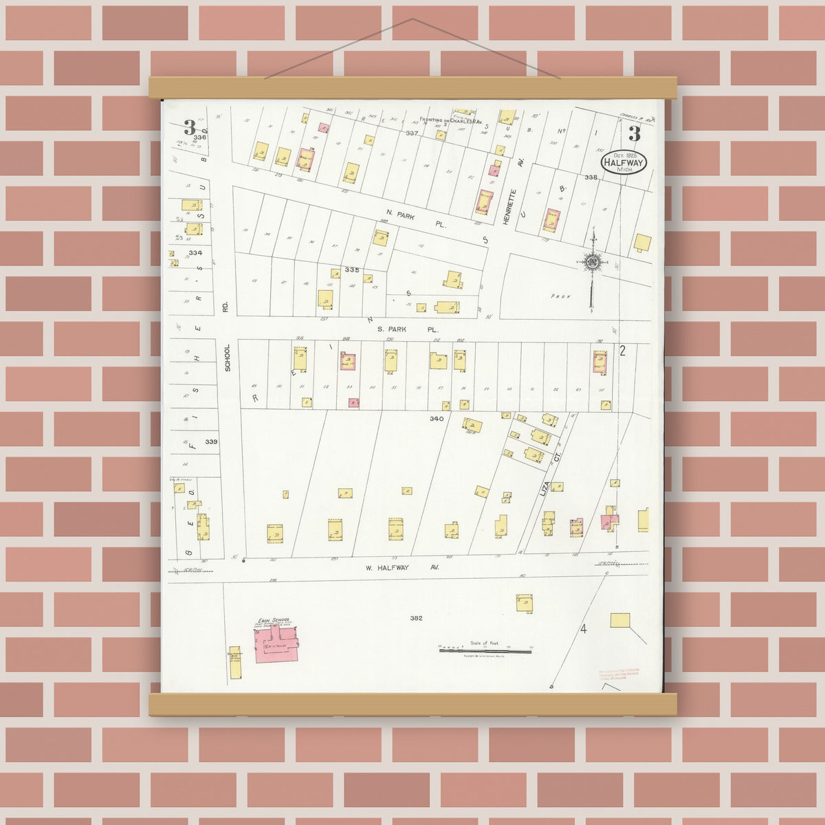 Old map wall art mockup — magnetic wood frame on brick wall — Sanborn Fire Insurance Map from Halfway, Macomb County, Michigan (1925), Sheet #0003