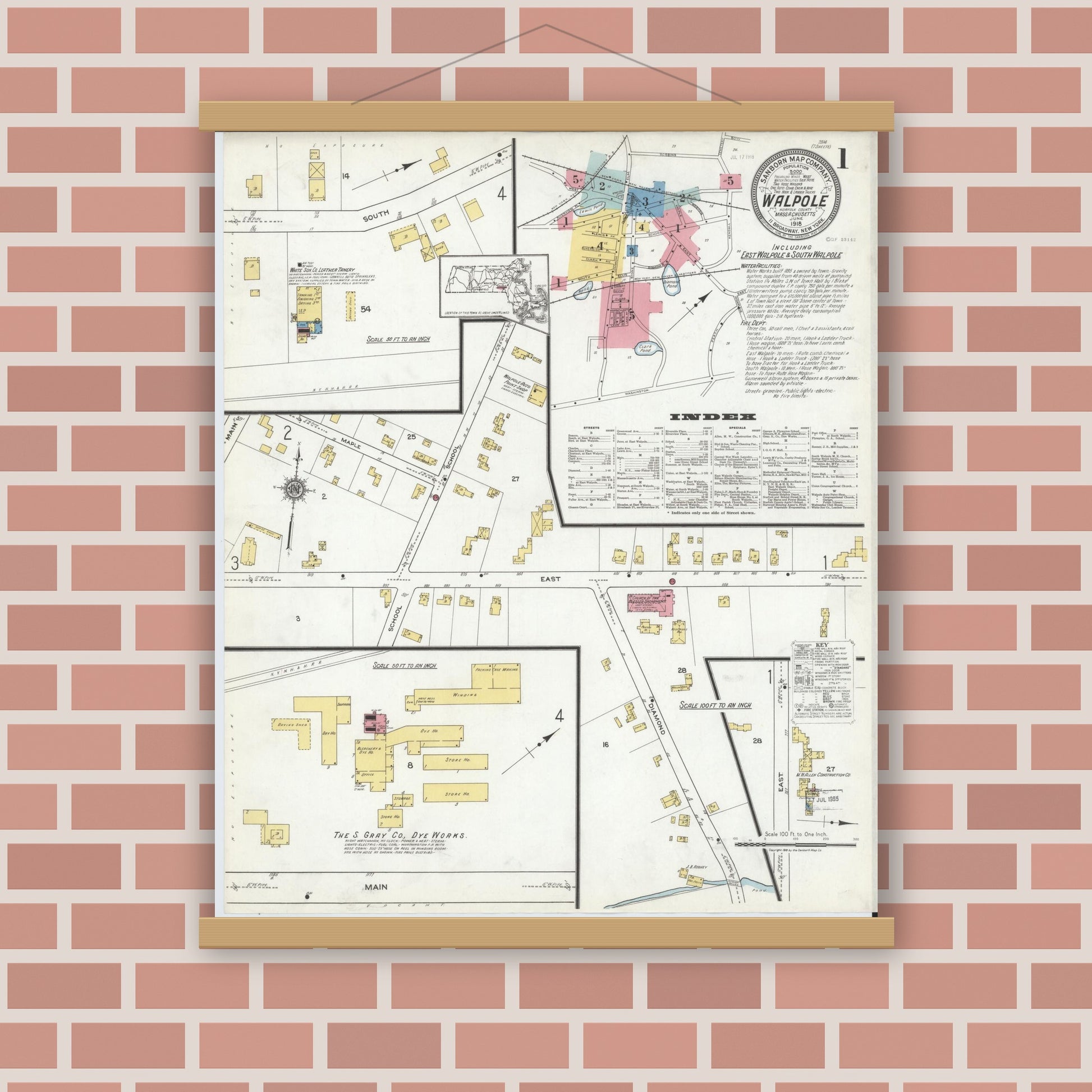 Old map wall art mockup — magnetic wood frame on brick wall — Sanborn Fire Insurance Map from Walpole, Norfolk County, Massachusetts (1918), Sheet #0001