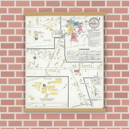 Old map wall art mockup — magnetic wood frame on brick wall — Sanborn Fire Insurance Map from Walpole, Norfolk County, Massachusetts (1918), Sheet #0001