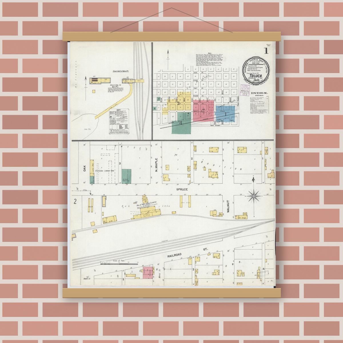 Old map wall art mockup — magnetic wood frame on brick wall — Sanborn Fire Insurance Map from Toluca, Marshall County, Illinois (1901), Sheet #0001