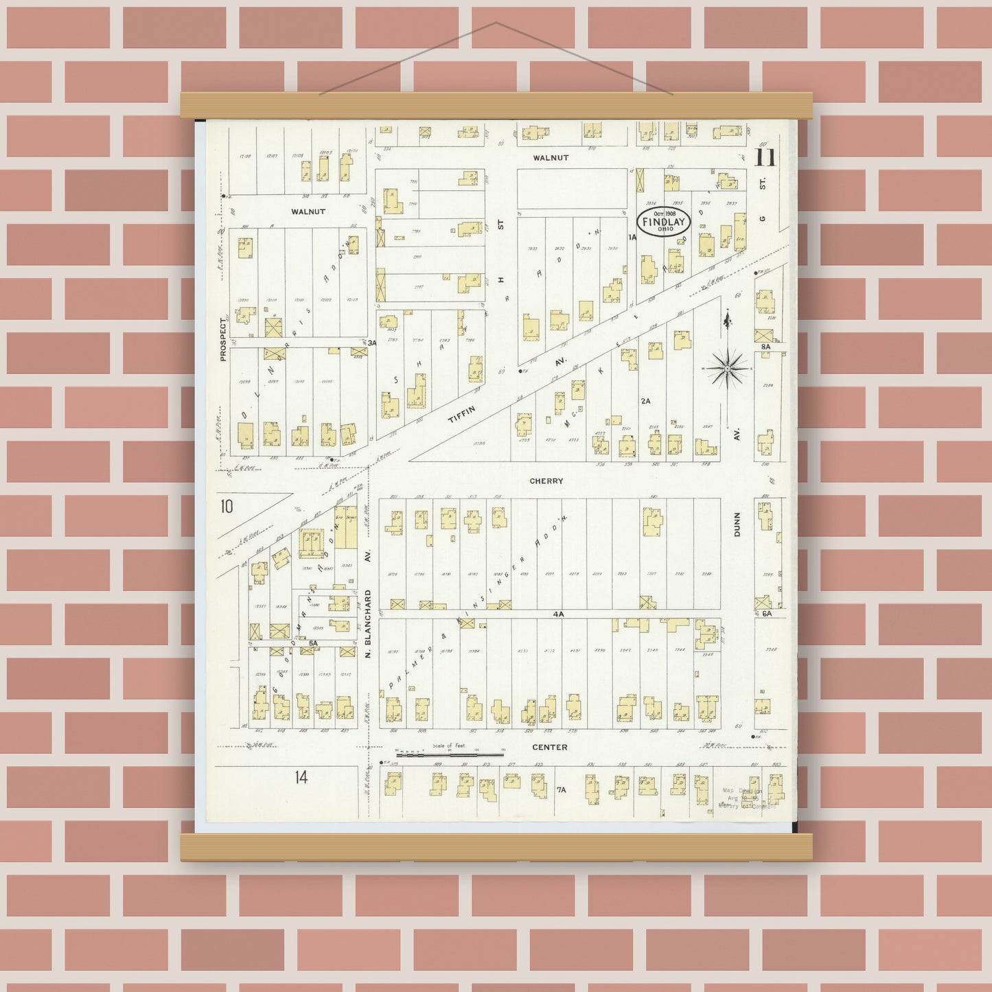 Old map wall art mockup — magnetic wood frame on brick wall — Sanborn Fire Insurance Map from Findlay, Hancock County, Ohio (1908), Sheet #0011