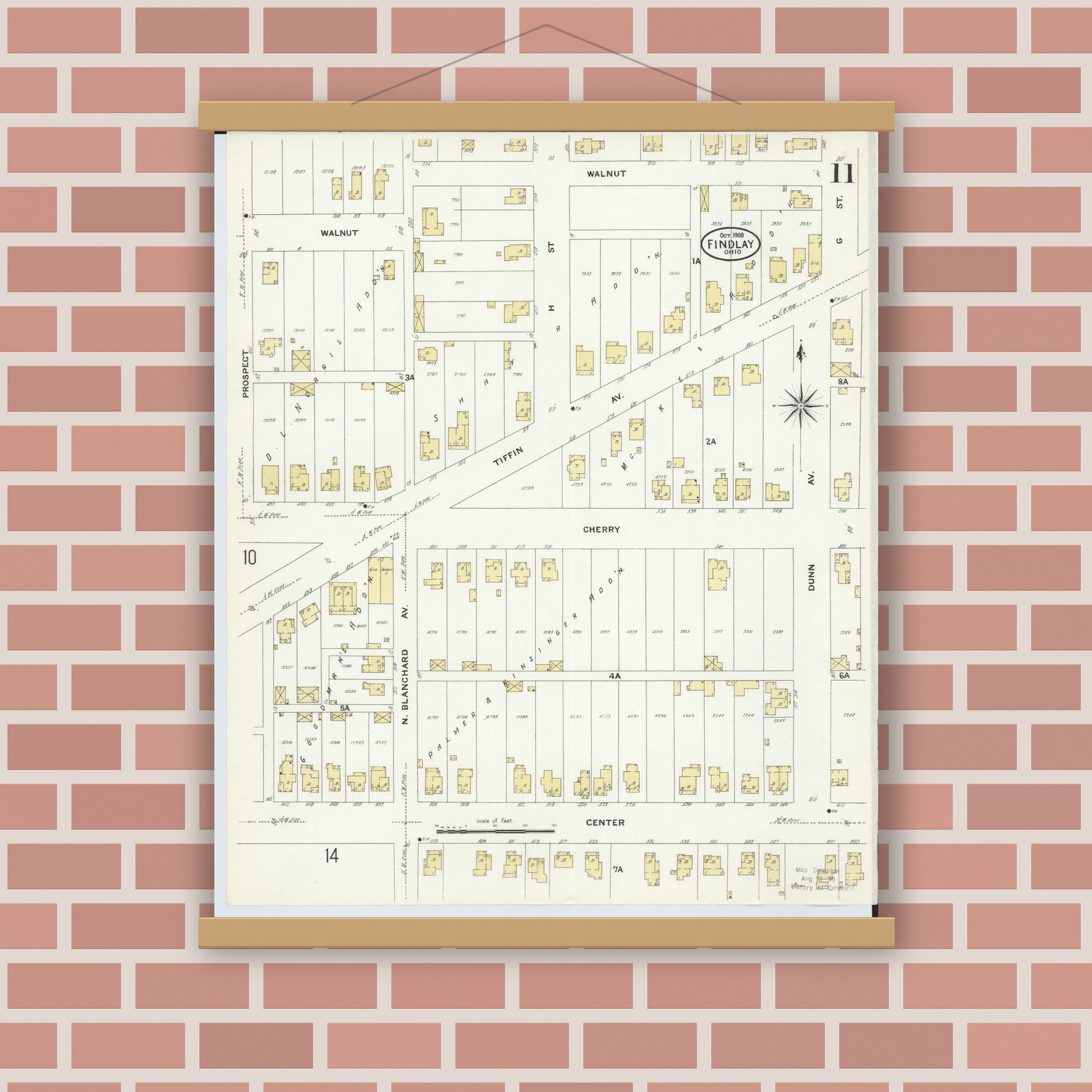 Old map wall art mockup — magnetic wood frame on brick wall — Sanborn Fire Insurance Map from Findlay, Hancock County, Ohio (1908), Sheet #0011