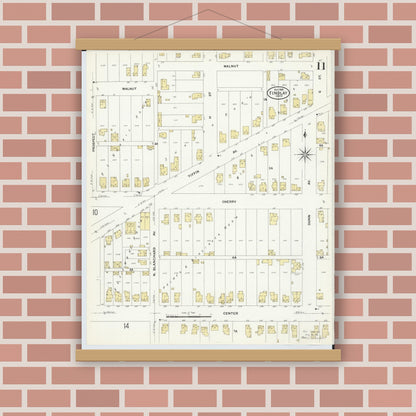 Old map wall art mockup — magnetic wood frame on brick wall — Sanborn Fire Insurance Map from Findlay, Hancock County, Ohio (1908), Sheet #0011