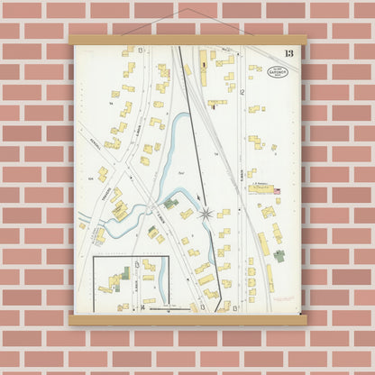 Old map wall art mockup — magnetic wood frame on brick wall — Sanborn Fire Insurance Map from Gardner, Worcester County, Massachusetts (1900), Sheet #0013