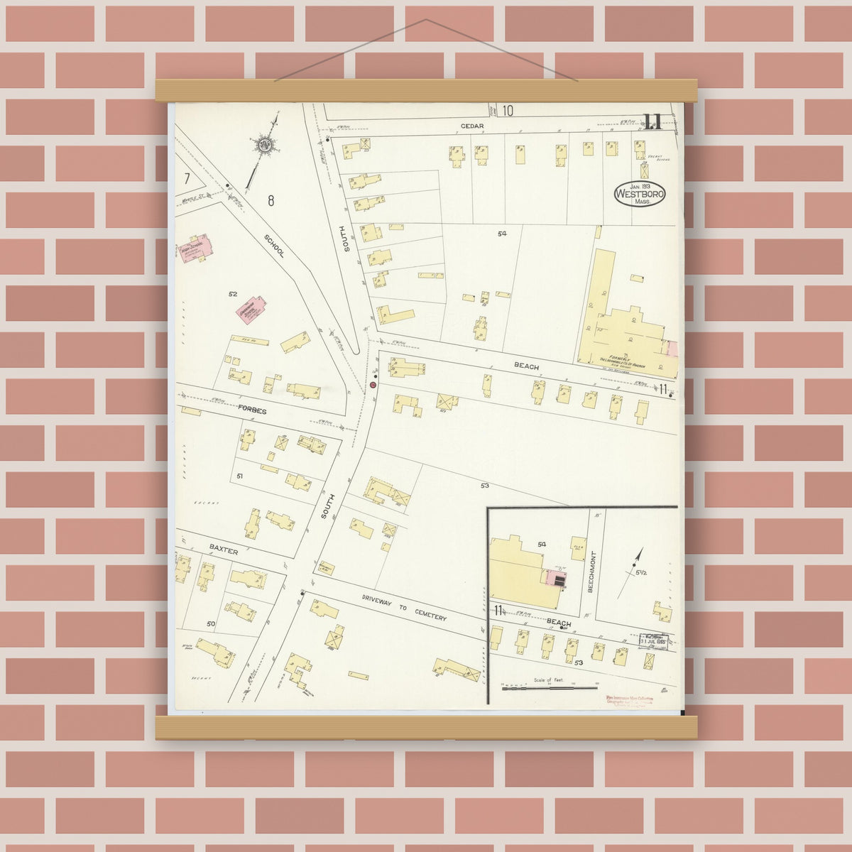 Old map wall art mockup — magnetic wood frame on brick wall — Sanborn Fire Insurance Map from Westboro, Worcester County, Massachusetts (1913), Sheet #0011