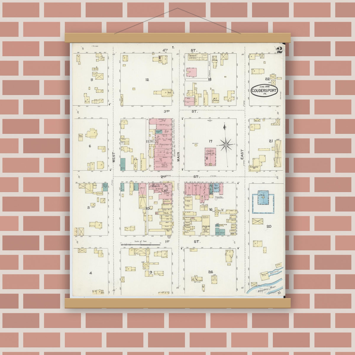 Old map wall art mockup — magnetic wood frame on brick wall — Sanborn Fire Insurance Map from Coudersport, Potter County, Pennsylvania (1891), Sheet #0002