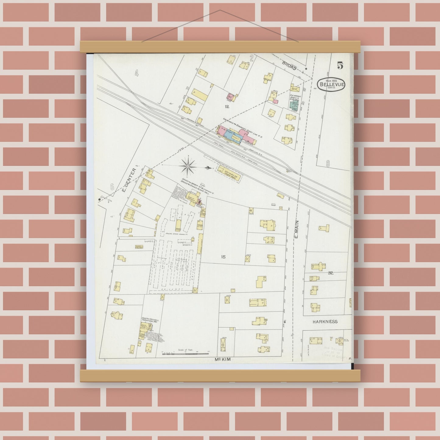 Old map wall art mockup — magnetic wood frame on brick wall — Sanborn Fire Insurance Map from Bellevue, Huron And Sandusky County, Ohio (1893), Sheet #0005
