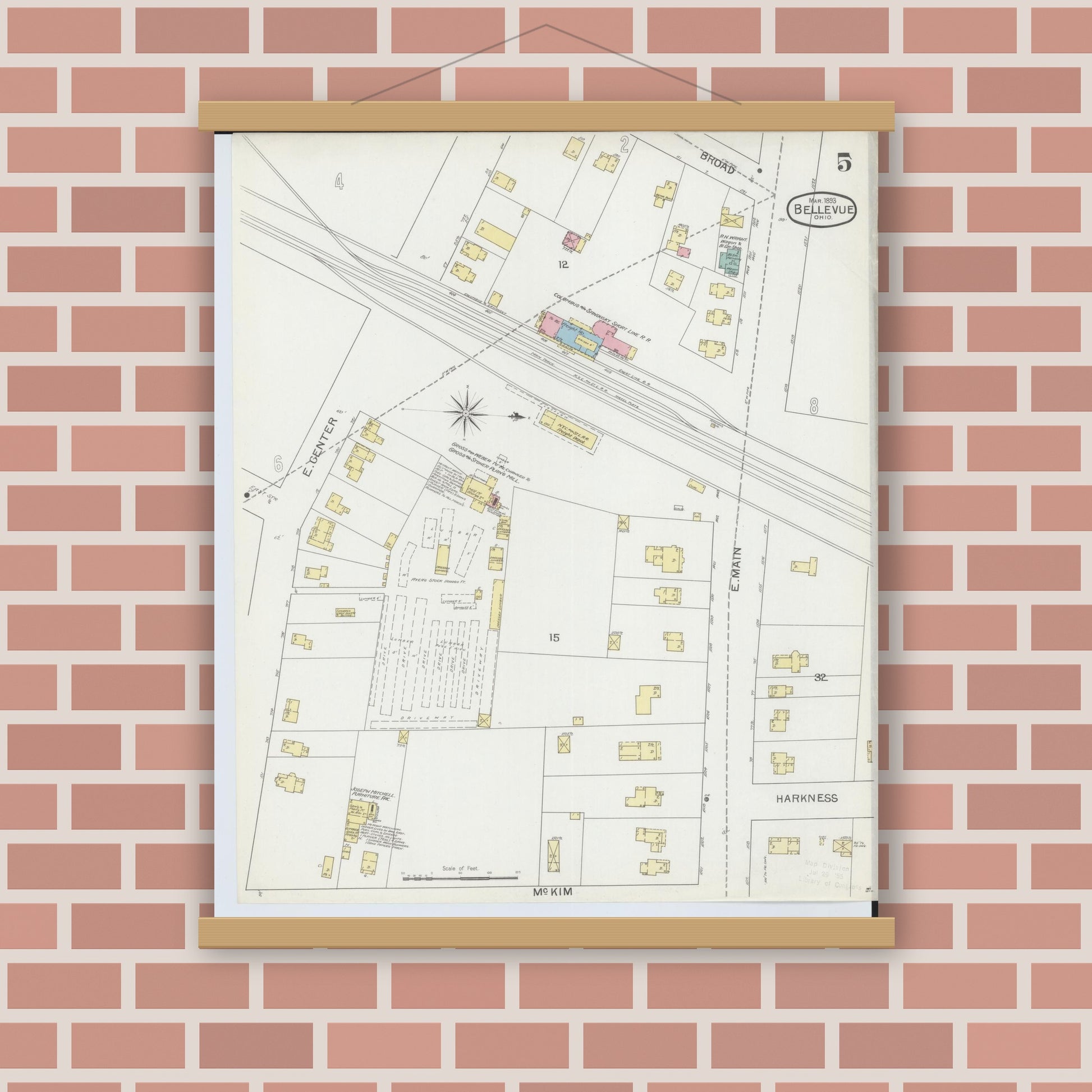 Old map wall art mockup — magnetic wood frame on brick wall — Sanborn Fire Insurance Map from Bellevue, Huron And Sandusky County, Ohio (1893), Sheet #0005