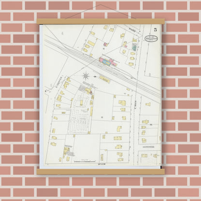 Old map wall art mockup — magnetic wood frame on brick wall — Sanborn Fire Insurance Map from Bellevue, Huron And Sandusky County, Ohio (1893), Sheet #0005