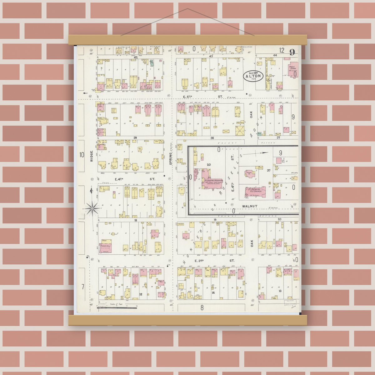 Old map wall art mockup — magnetic wood frame on brick wall — Sanborn Fire Insurance Map from Alton, Madison County, Illinois (1897), Sheet #0009