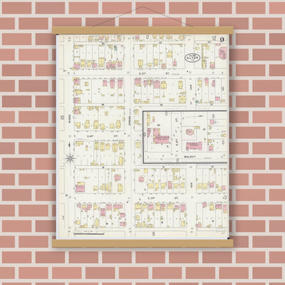 Old map wall art mockup — magnetic wood frame on brick wall — Sanborn Fire Insurance Map from Alton, Madison County, Illinois (1897), Sheet #0009