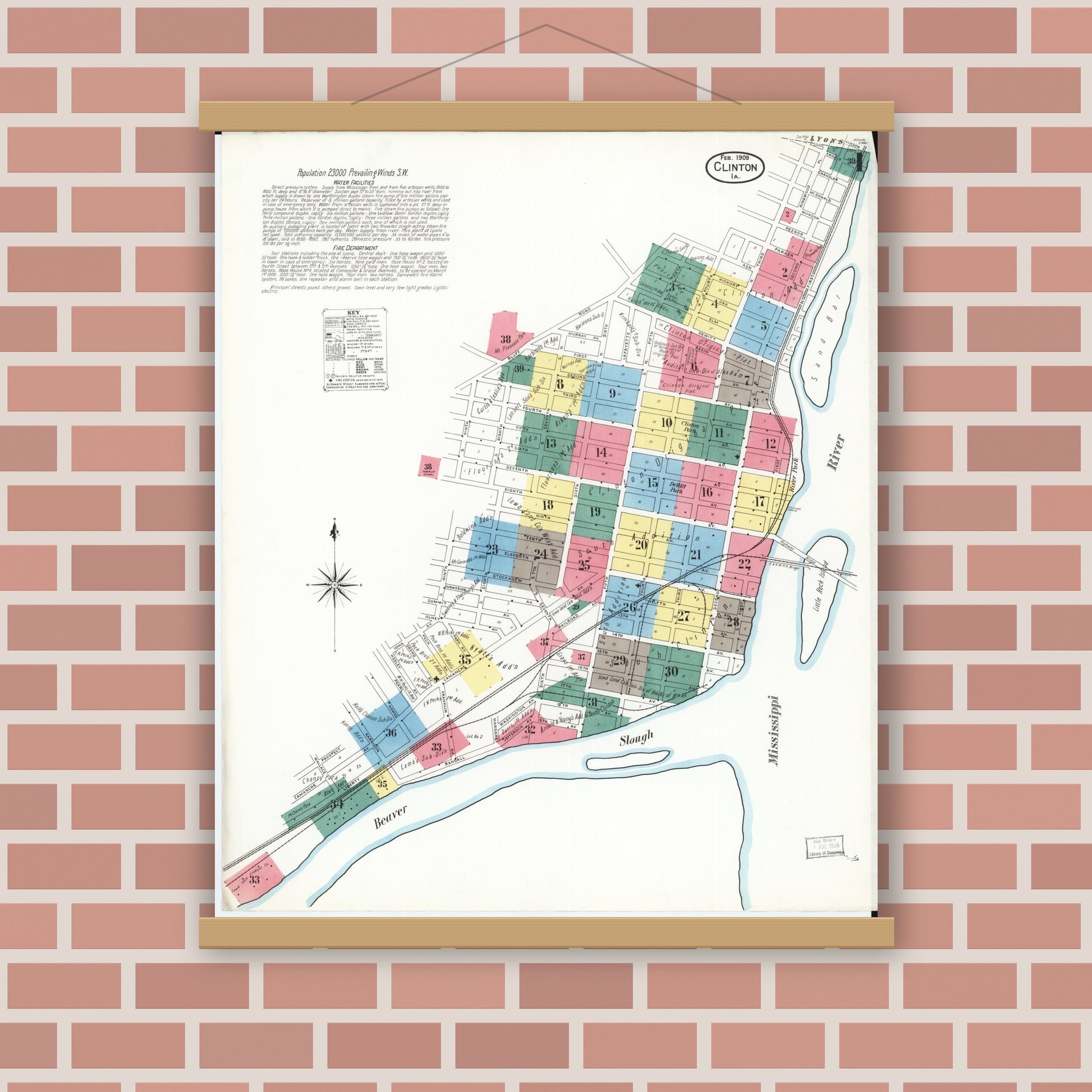 Old map wall art mockup — magnetic wood frame on brick wall — Sanborn Fire Insurance Map from Clinton, Clinton County, Iowa (1909) â€” Complete Set
