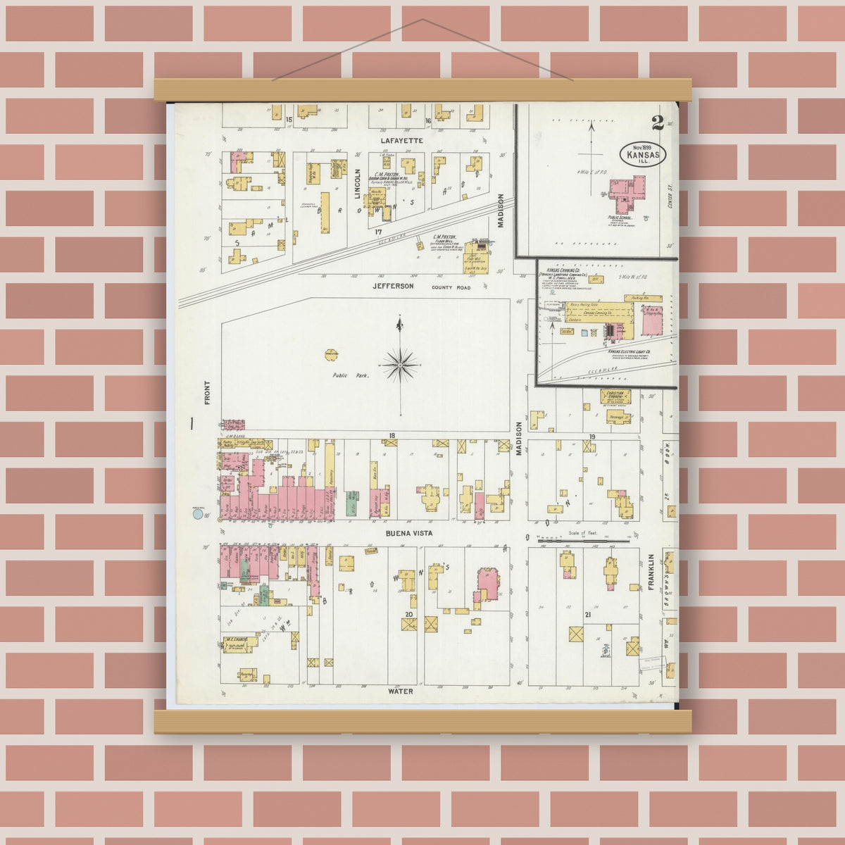 Old map wall art mockup — magnetic wood frame on brick wall — Sanborn Fire Insurance Map from Kansas, Edgar County, Illinois (1899), Sheet #0002