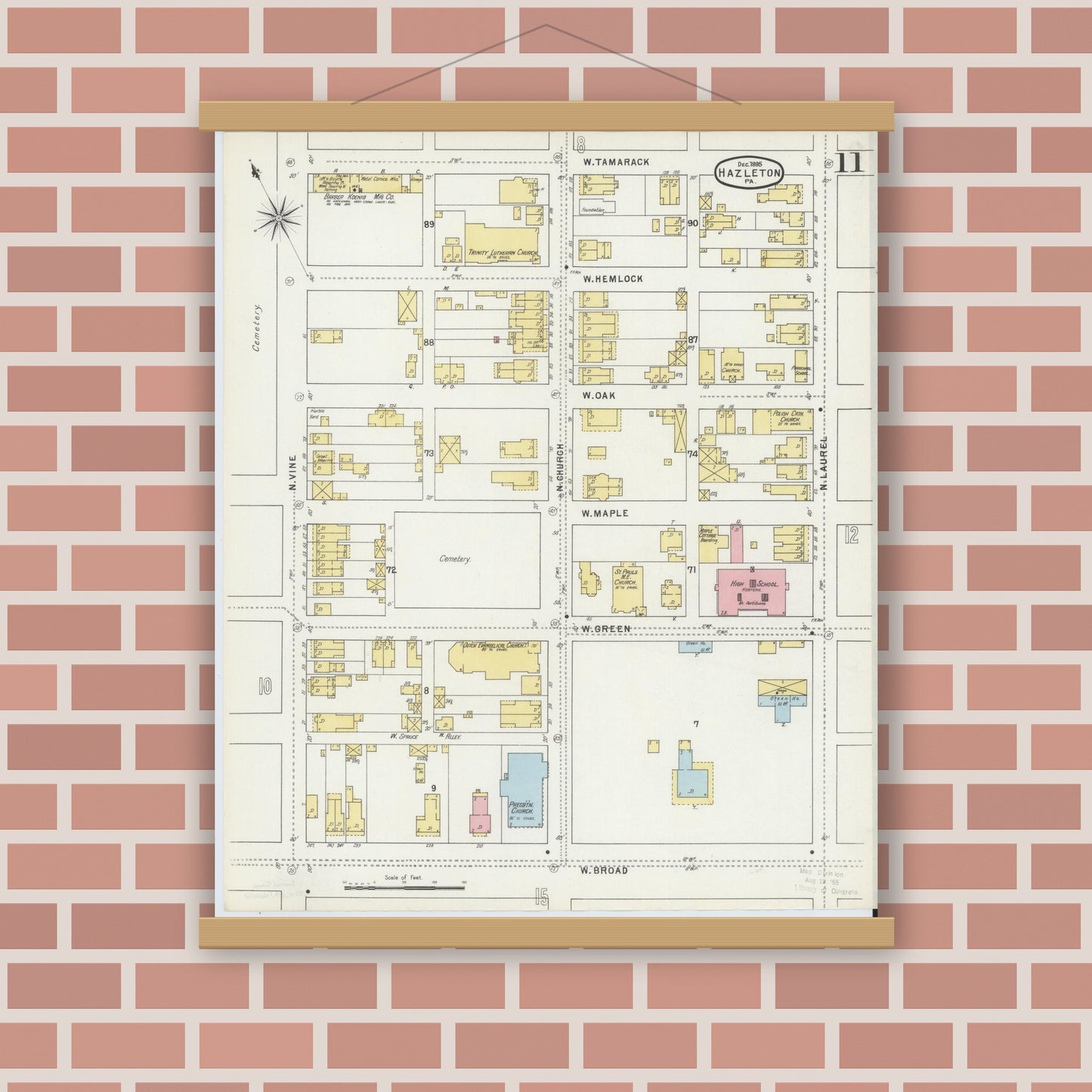 Old map wall art mockup — magnetic wood frame on brick wall — Sanborn Fire Insurance Map from Hazleton, Luzerne County, Pennsylvania (1895), Sheet #0011