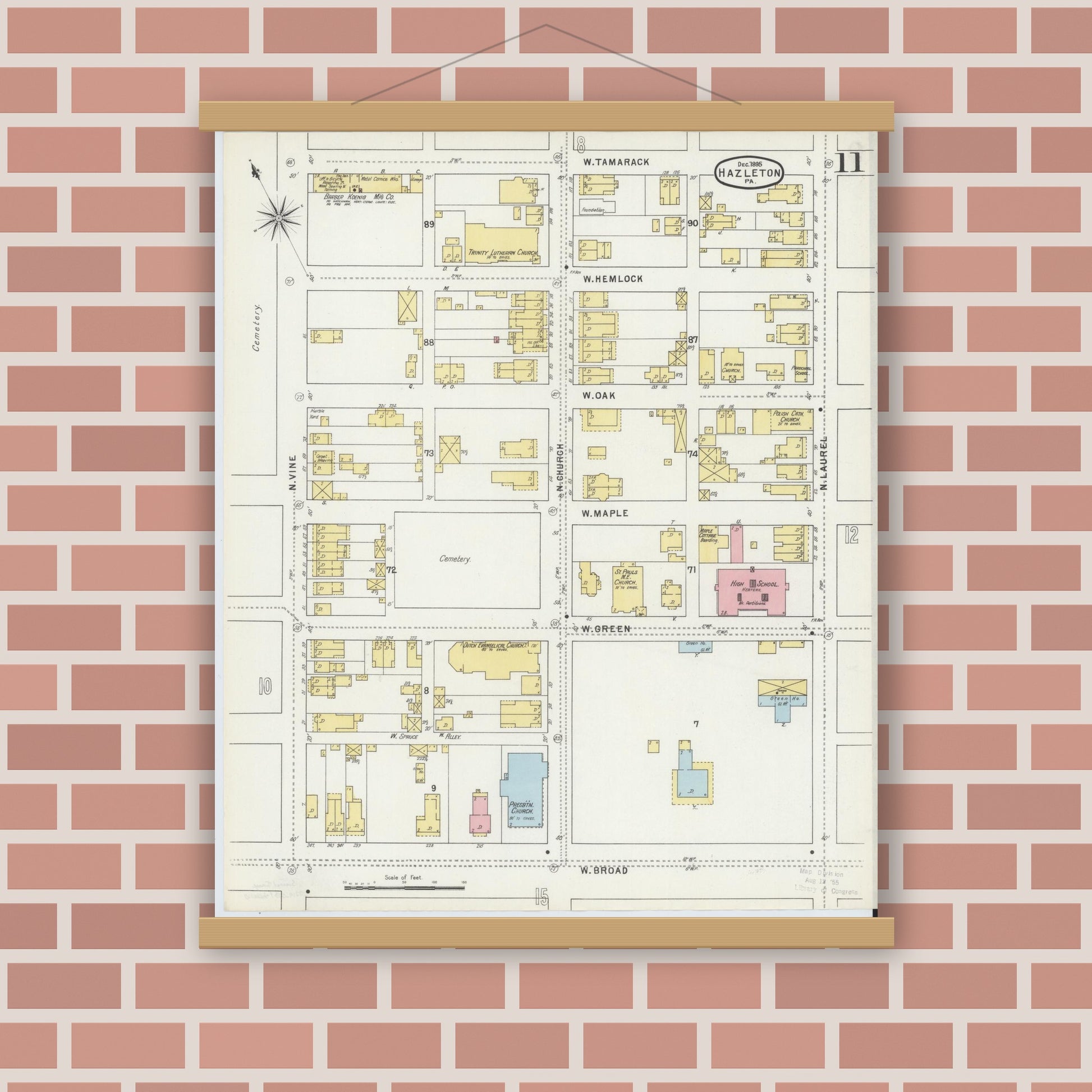 Old map wall art mockup — magnetic wood frame on brick wall — Sanborn Fire Insurance Map from Hazleton, Luzerne County, Pennsylvania (1895), Sheet #0011