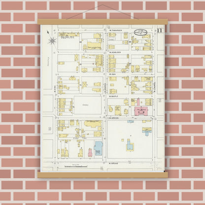 Old map wall art mockup — magnetic wood frame on brick wall — Sanborn Fire Insurance Map from Hazleton, Luzerne County, Pennsylvania (1895), Sheet #0011