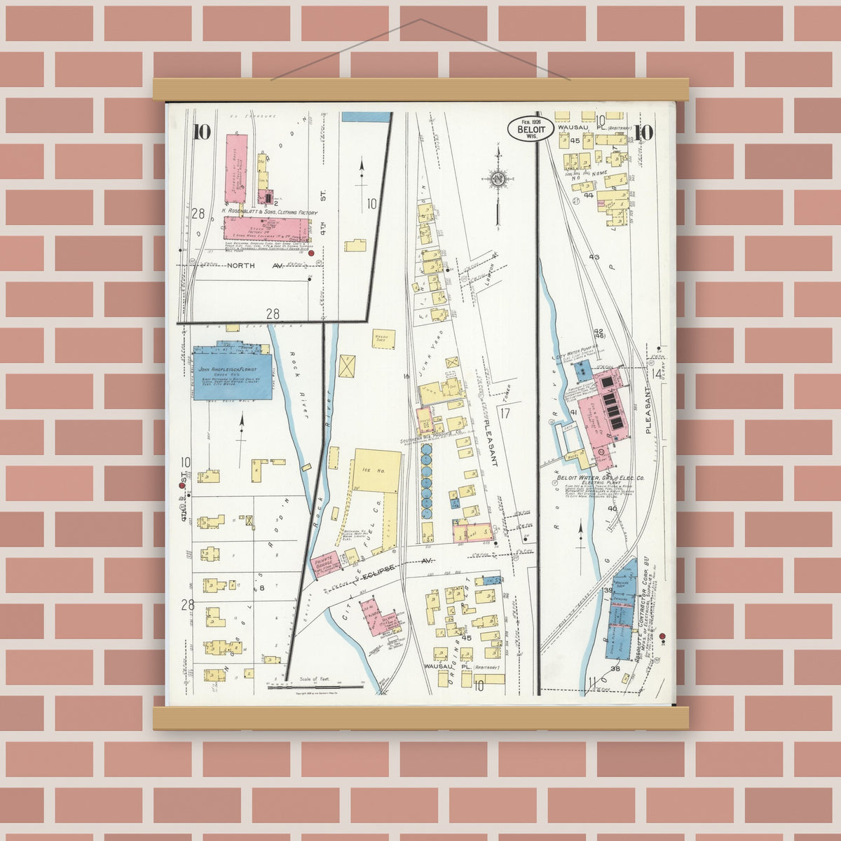 Old map wall art mockup — magnetic wood frame on brick wall — Sanborn Fire Insurance Map from Beloit, Rock County, Wisconsin (1926), Sheet #0010