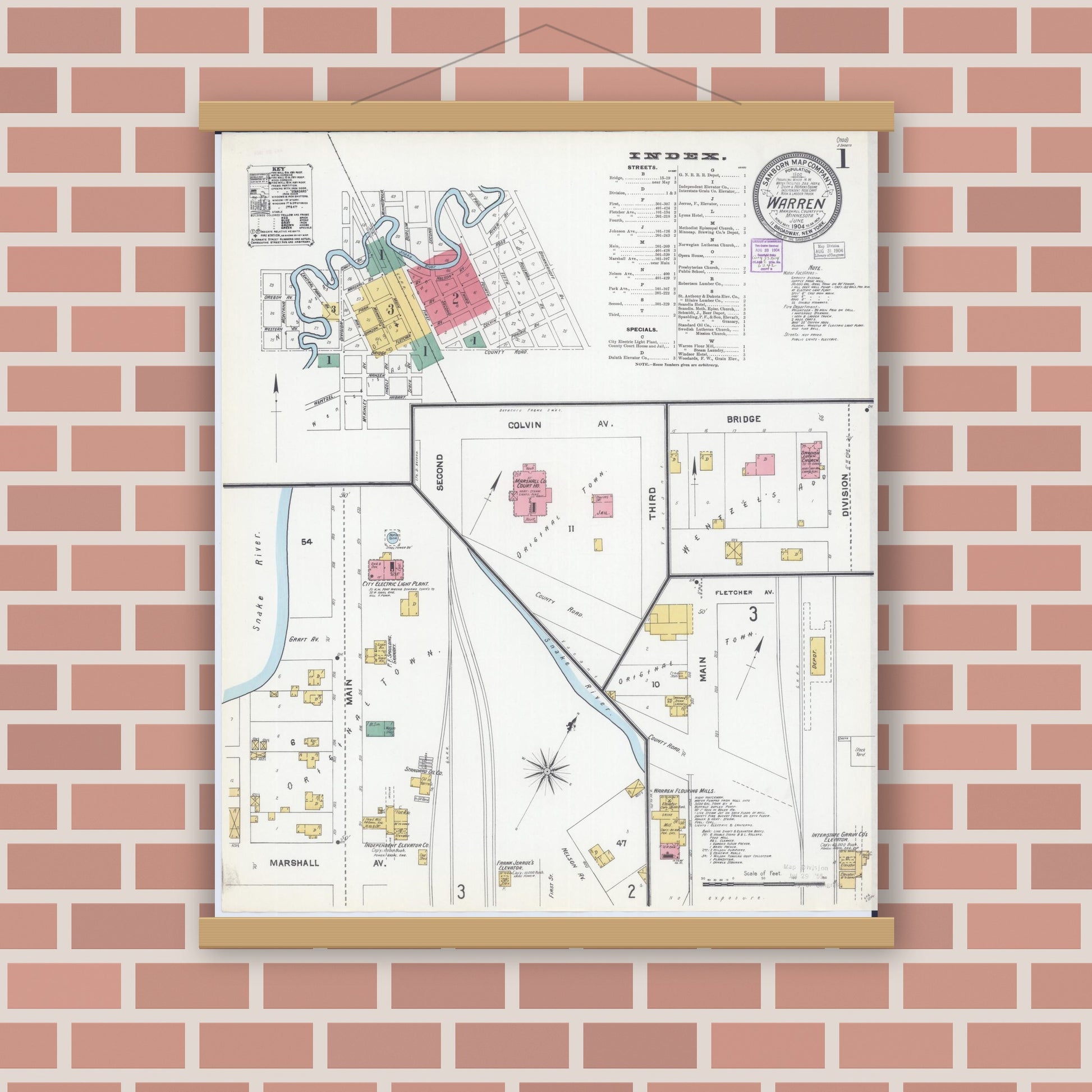 Old map wall art mockup — magnetic wood frame on brick wall — Sanborn Fire Insurance Map from Warren, Marshall County, Minnesota (1904) - Complete Map Set