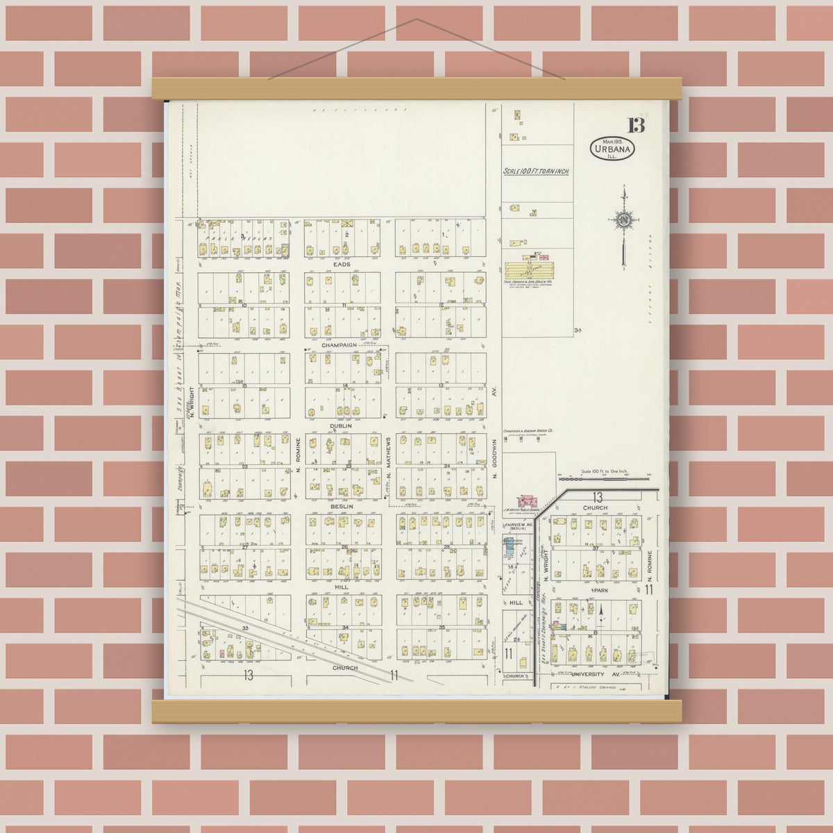 Old map wall art mockup — magnetic wood frame on brick wall — Sanborn Fire Insurance Map from Urbana, Champaign County, Illinois (1915), Sheet #0013