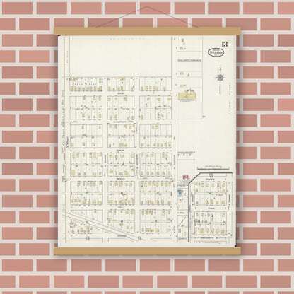 Old map wall art mockup — magnetic wood frame on brick wall — Sanborn Fire Insurance Map from Urbana, Champaign County, Illinois (1915), Sheet #0013