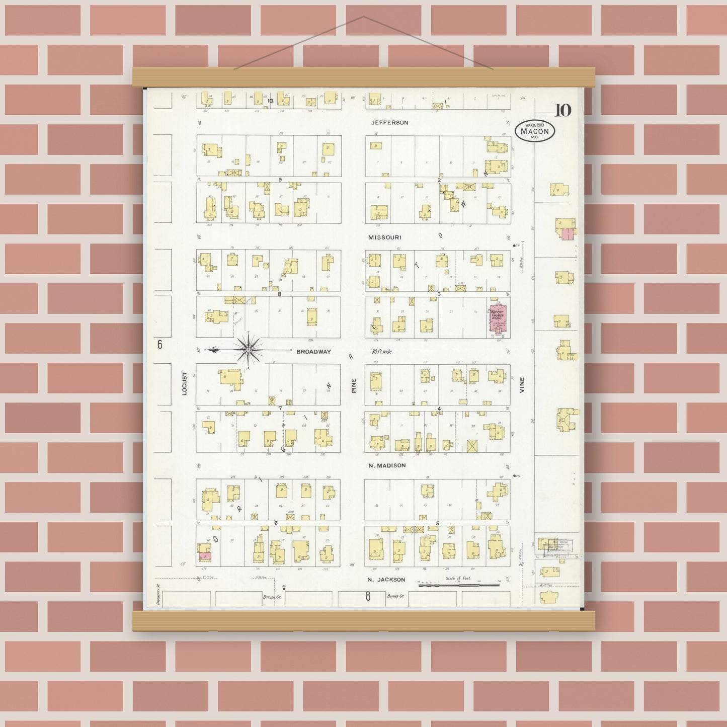 Old map wall art mockup — magnetic wood frame on brick wall — Sanborn Fire Insurance Map from Macon, Macon County, Missouri (1909), Sheet #0010