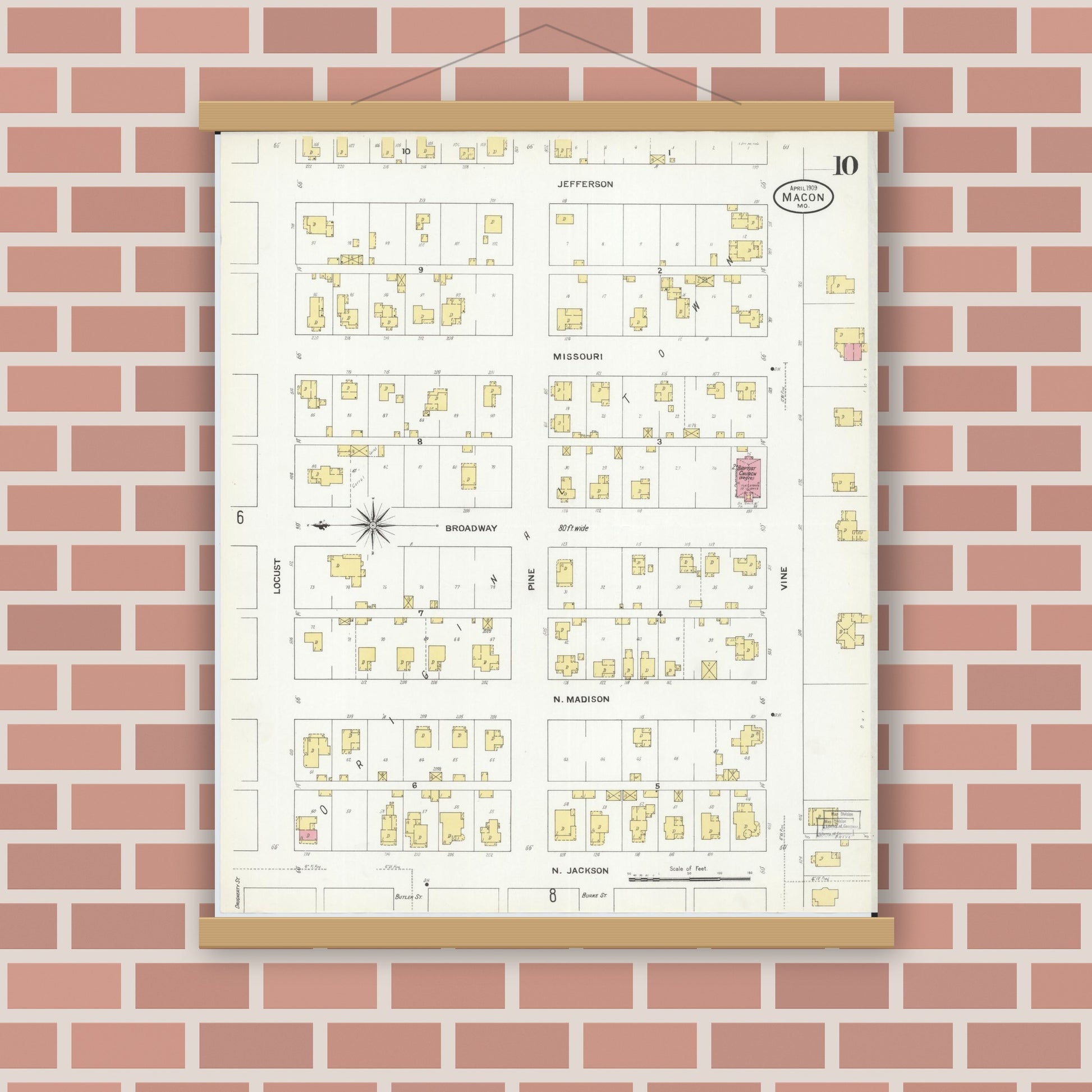 Old map wall art mockup — magnetic wood frame on brick wall — Sanborn Fire Insurance Map from Macon, Macon County, Missouri (1909), Sheet #0010