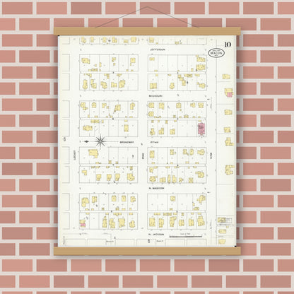 Old map wall art mockup — magnetic wood frame on brick wall — Sanborn Fire Insurance Map from Macon, Macon County, Missouri (1909), Sheet #0010