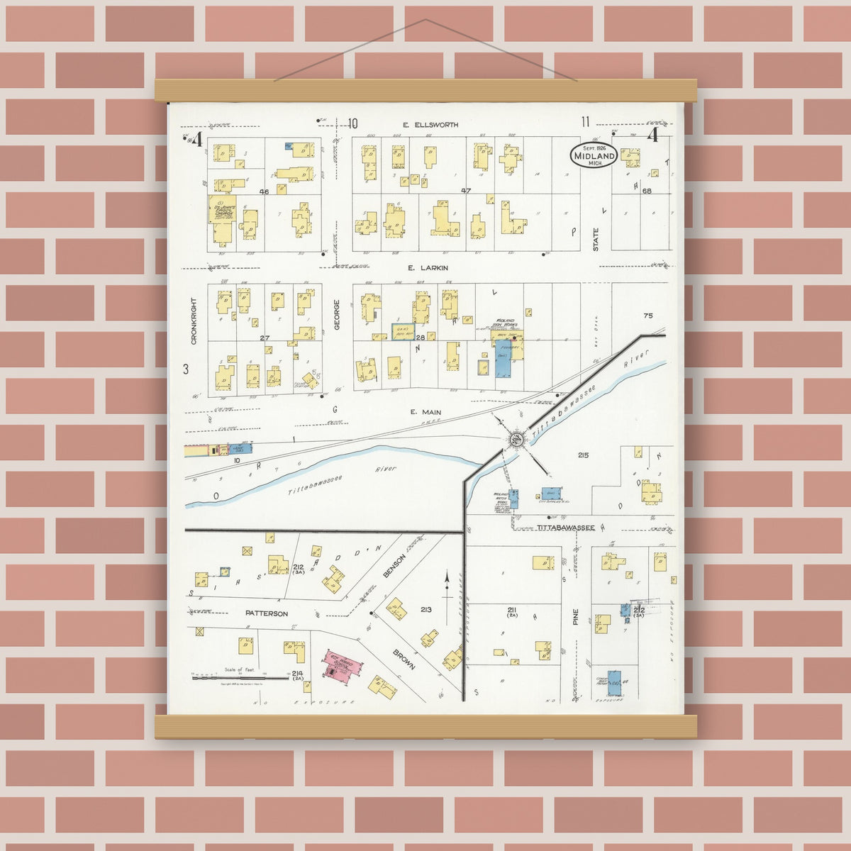 Old map wall art mockup — magnetic wood frame on brick wall — Sanborn Fire Insurance Map from Midland, Midland County, Michigan (1926), Sheet #0004