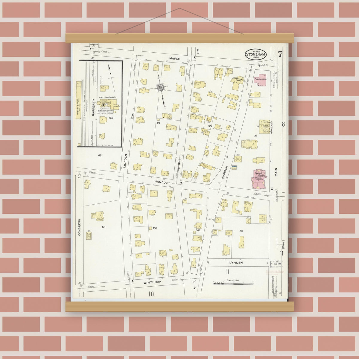 Old map wall art mockup — magnetic wood frame on brick wall — Sanborn Fire Insurance Map from Stoneham, Middlesex County, Massachusetts (1909), Sheet #0007