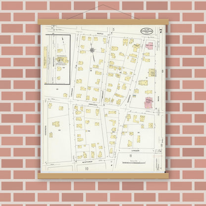 Old map wall art mockup — magnetic wood frame on brick wall — Sanborn Fire Insurance Map from Stoneham, Middlesex County, Massachusetts (1909), Sheet #0007